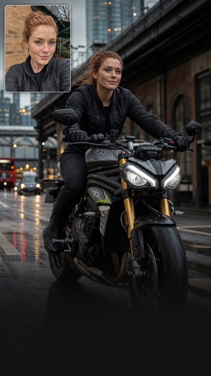 Amelia riding a Triumph Speed Triple 1200 RS with her original selfie shown in the corner