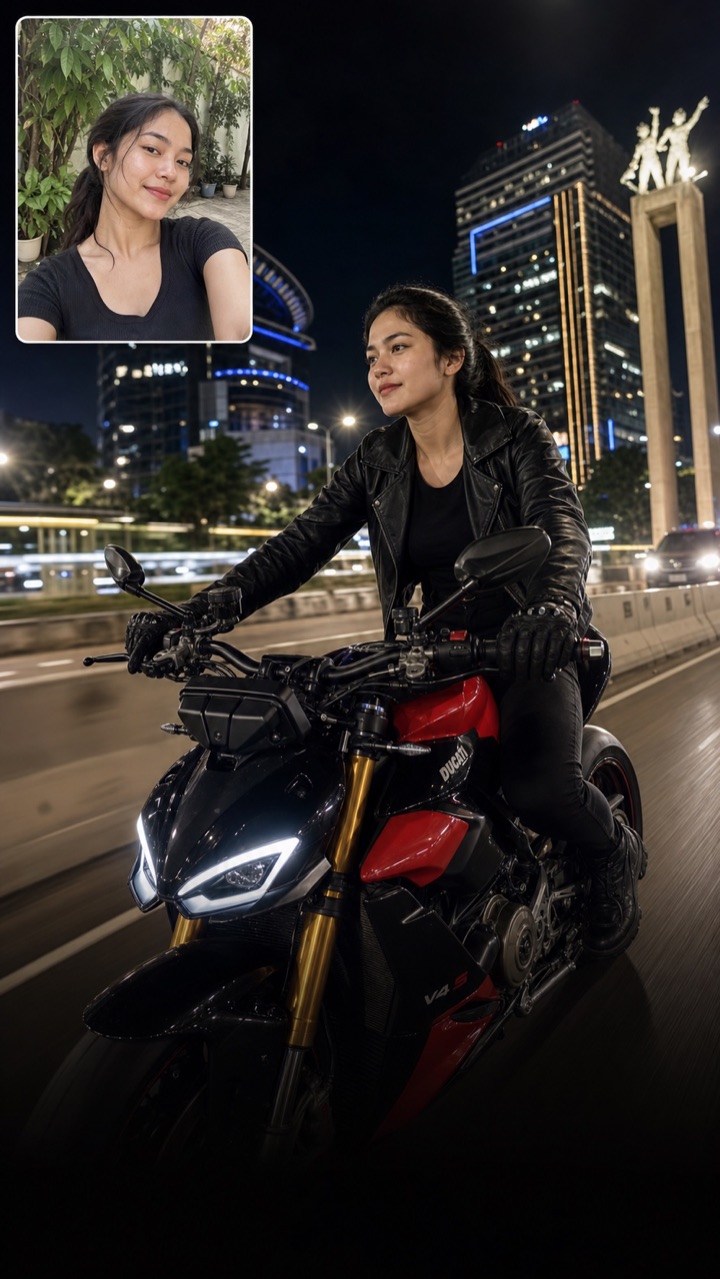 Ayu riding a Ducati Streetfighter V4 S with her original selfie shown in the corner