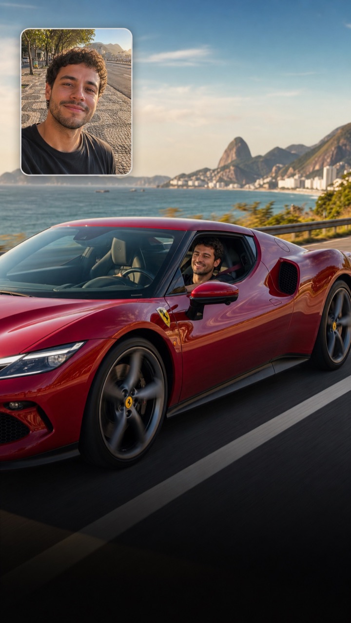Lucas driving a red Ferrari 296 GTB with his original selfie shown in the corner