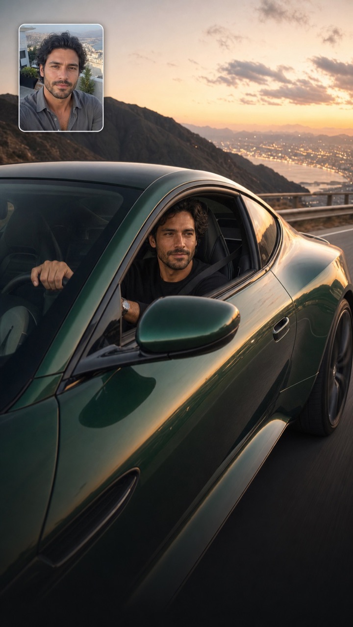 Mateo driving a green Aston Martin DB12 with his original selfie shown in the corner