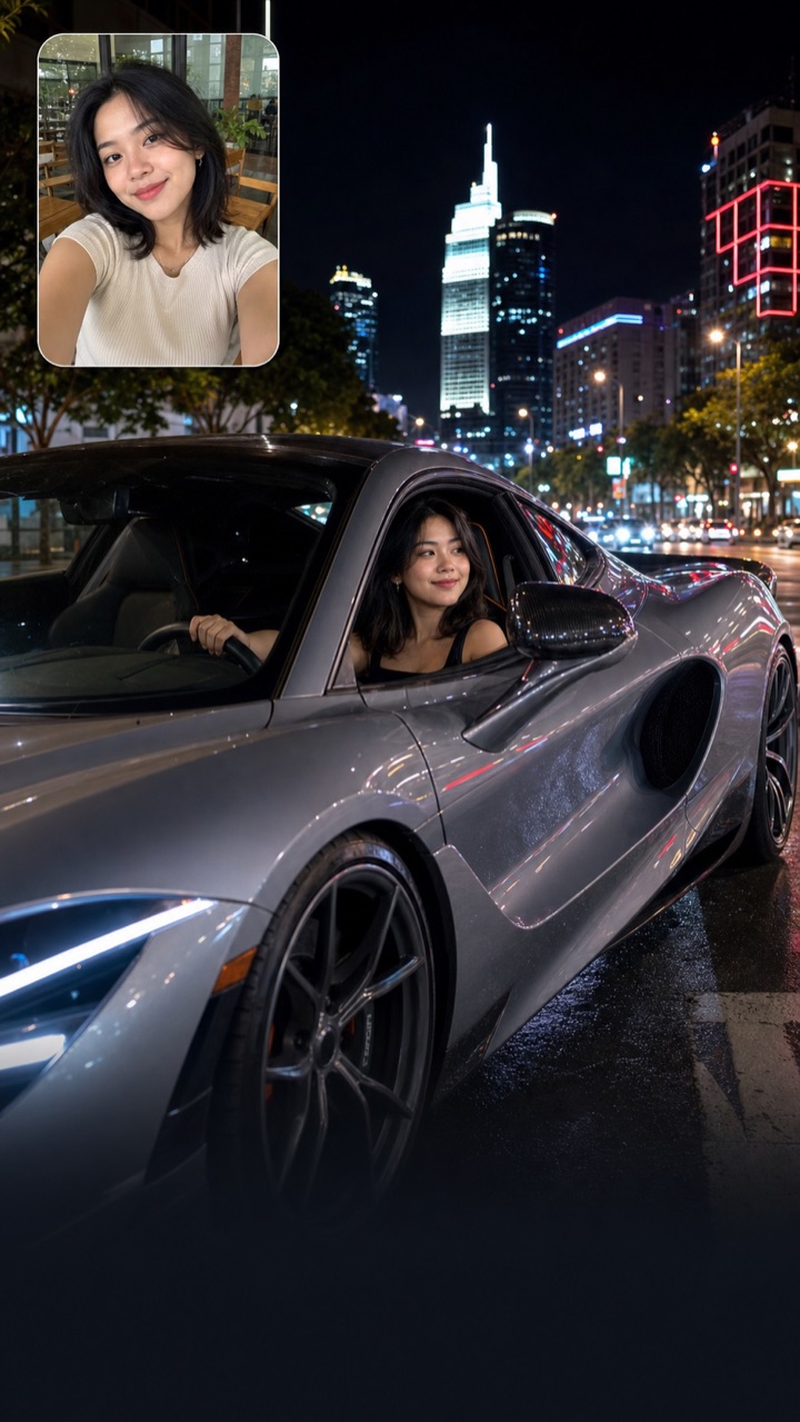 Veronica driving a silver McLaren 750S with her original selfie shown in the corner